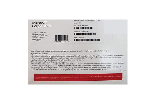 Licensed Windows 10 Pro x64 Eng Intl 1pk DSP OEI DVD (FQC-08929) - 1